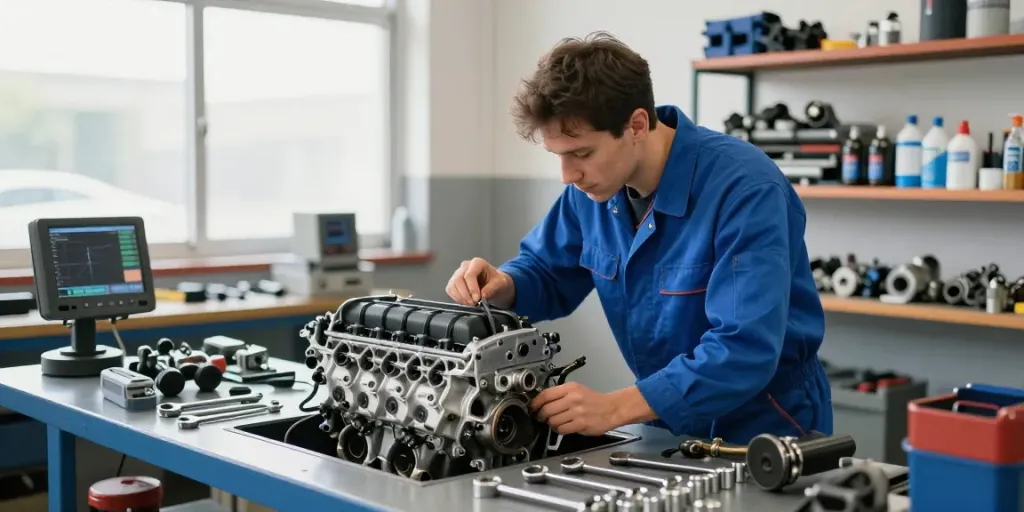 BMW Werkstatt Hannover: Fachmann überprüft BMW-Motor in einer professionell eingerichteten Werkstatt.