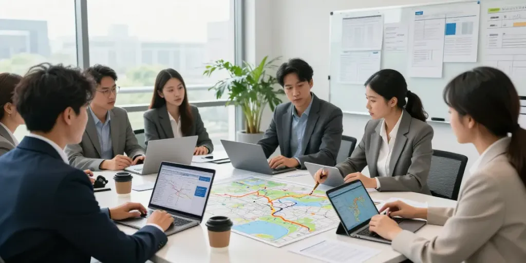 OCARGO Spedition Stuttgart bespricht internationale Transportstrategien in einem modernen Büro.