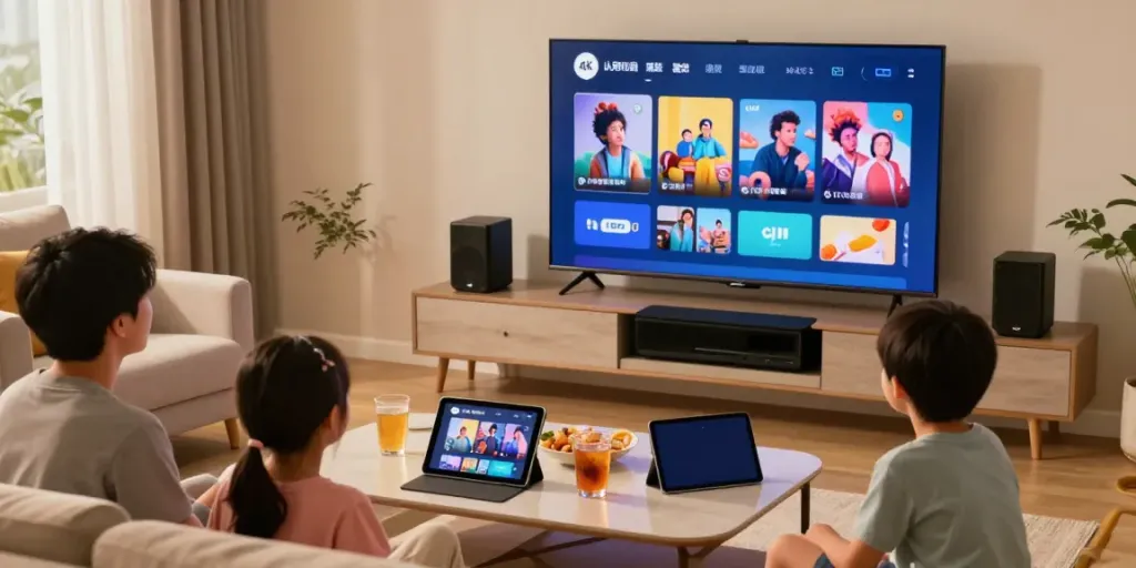 Family enjoying IPTV anbieter Deutschland in a cozy living room with 4K streaming.