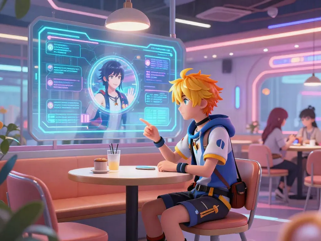 AI hentai chat scene with anime character in a cyberpunk café, engaging in interactive conversation.