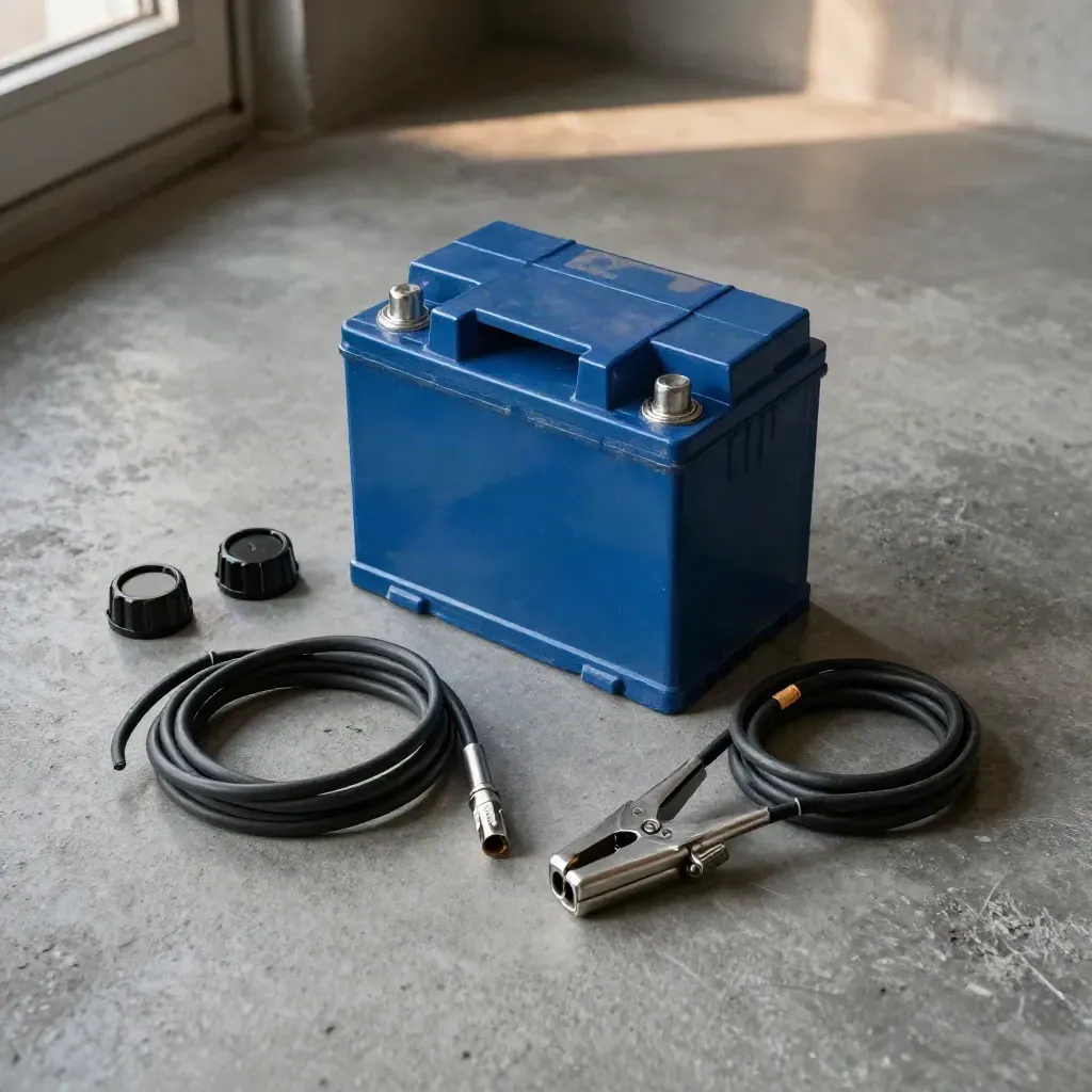 Überkopf-Flatlay einer blauen Autobatterie mit Polkappen, Starthilfekabeln und kühlem Betongrund