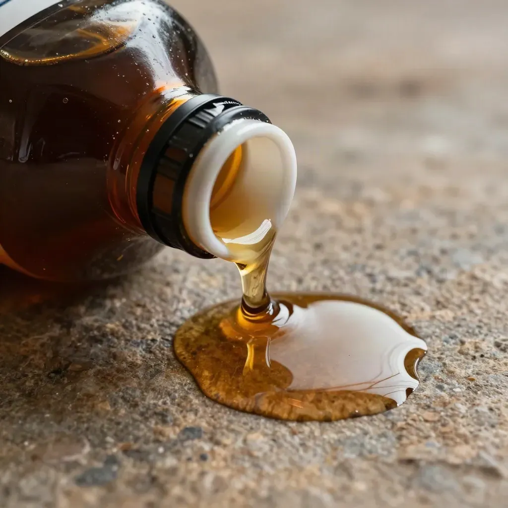 Unbeschriftete Ölflasche mit Trichter und frischem Ölfleck auf warmem Stein.