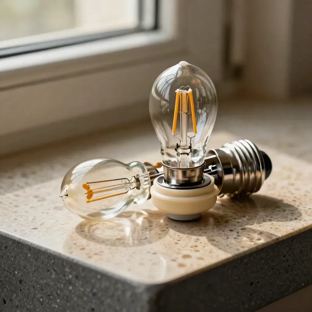 Zwei H7-Halogenlampen mit Reflektor auf Travertin im Studiolicht.