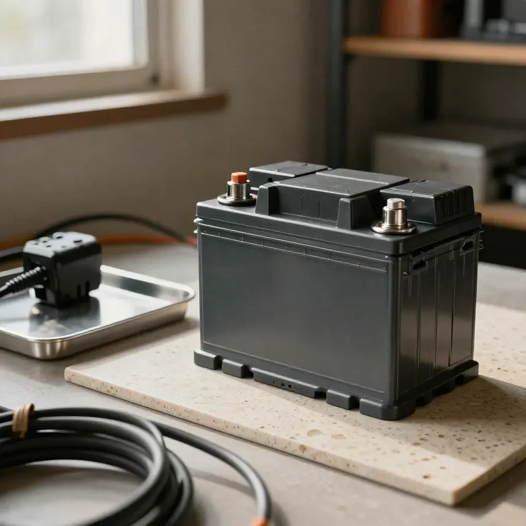 Schwarze Autobatterie mit orangefarbenen Polkappen auf heller Werkbank im Kfz-Workshop