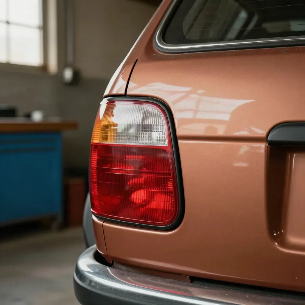 Linke Hella-Rückleuchte an offener Kombi-Heckkante im warmen Garagenlicht.