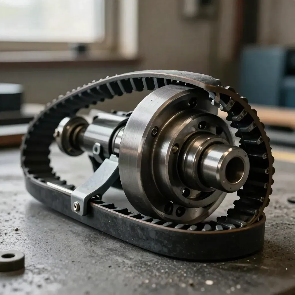 Keilriemen-Kit mit Spanner und Umlenkrolle auf dunklem Beton, makro und technisch.