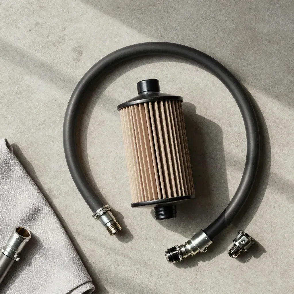 Überkopf-Flatlay eines Diesel-Kraftstofffilters mit Schläuchen auf hellem Beton.