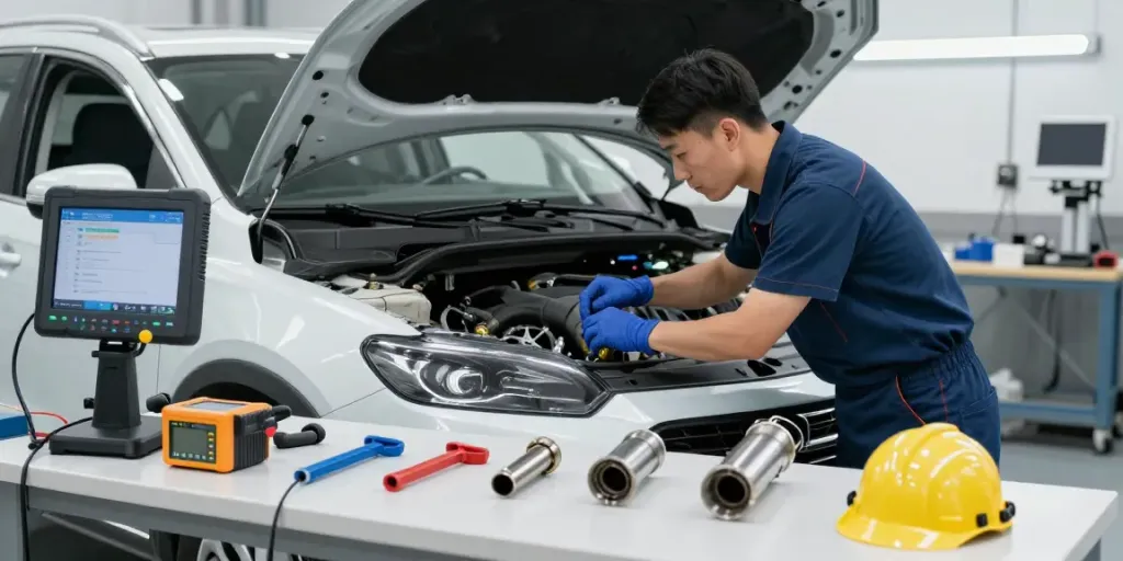 Mechaniker bei der DPF-Regeneration in einer modernen Werkstatt mit Werkzeugen und Diagnosescannern