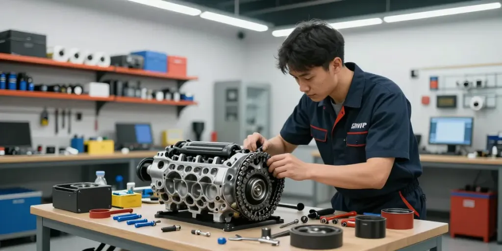 BMW Steuerkette Wechsel in Hannover, Mechaniker inspiziert den Motor mit hochwertiger Ausrüstung.